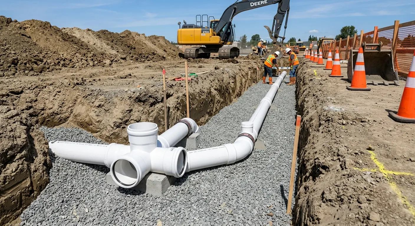 New PVC sewer pipe installation in open trench for Sewer Backup in Pismo Beach