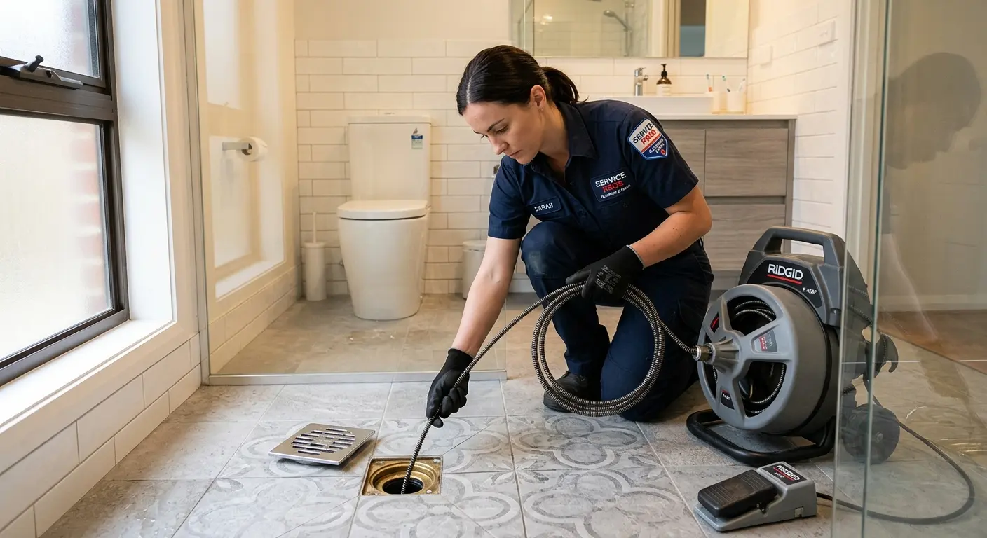 Technician clearing a bathroom floor drain for Drain Cleaning in Pismo Beach